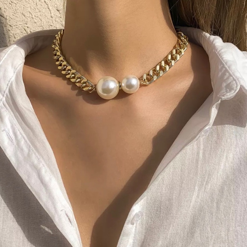 Gold Cuban Link & Pearl Chain Necklace